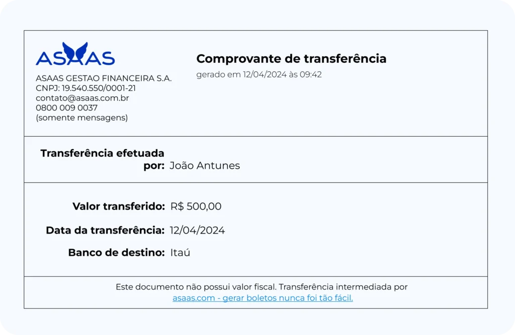 Exemplo de comprovante de transferência.