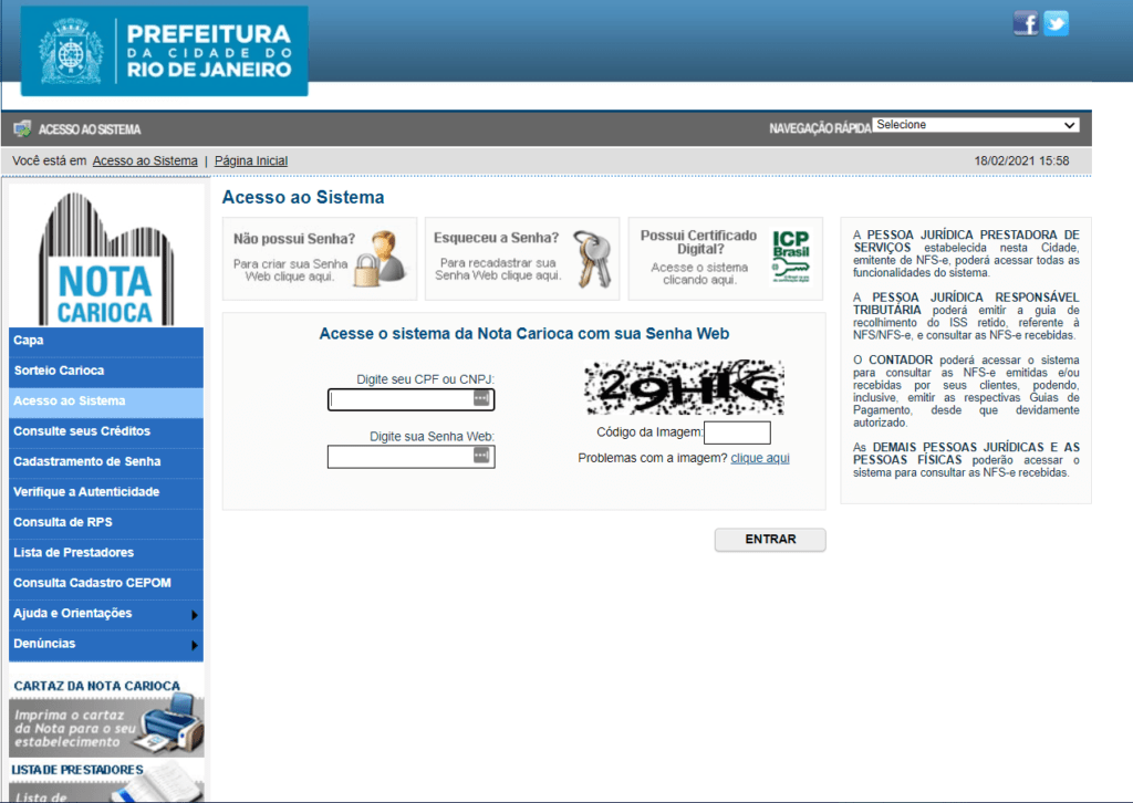 Captura de tela mostrando o Portal da Nota Carioca