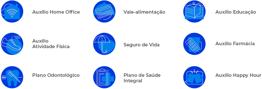 Auxílio Home office, auxílio atividade física, plano odontológico, vale-alimentação, seguro de vida, plano de saúde integral, auxílio-educação, auxílio farmácia, auxílio happy hour