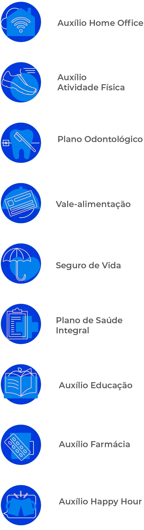 Auxílio Home office, auxílio atividade física, plano odontológico, vale-alimentação, seguro de vida, plano de saúde integral, auxílio-educação, auxílio farmácia, auxílio happy hour