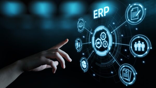 Esquema visual representando a composição de um sistema ERP. Ao centro há o módulo principal, que se conecta aos demais módulos.