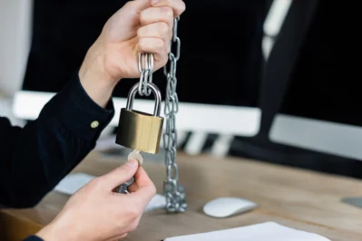 Na imagem, uma mulher de terno preto está segurando uma corrente presa a um cadeado com chave. A imagem simboliza a importância do sistema antifraude para empresas.