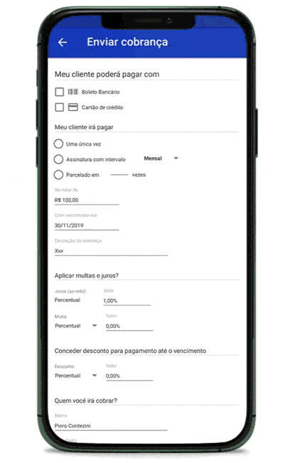 o gif mostra um celular, na tela está o aplicativo do asaas, mostrando como criar boleto parcelado por assinatura.