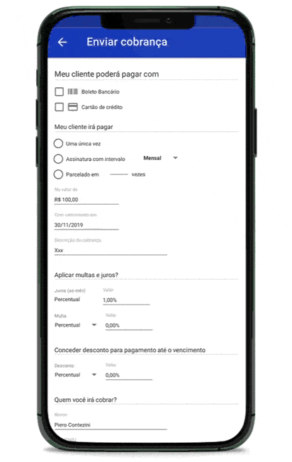 o gif mostra um celular, na tela está o aplicativo do asaas, mostrando como criar boleto parcelado.
