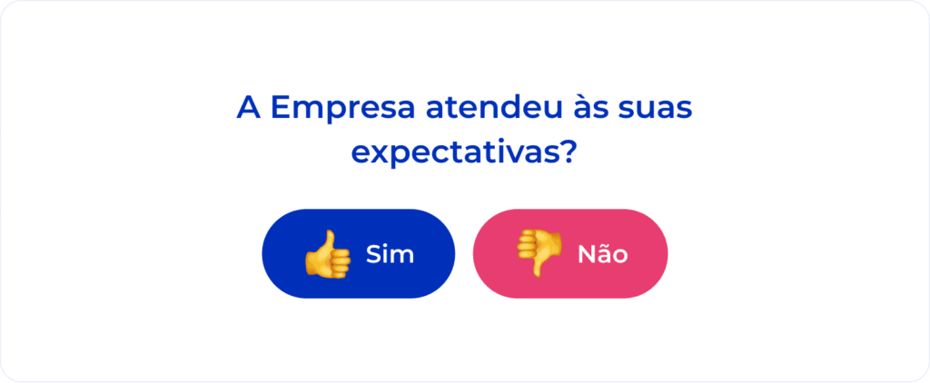 A imagem mostra a pergunta: “A empresa atendeu suas expectativas”. Abaixo, há dois botões, um de “sim”, com emoji de polegar para cima, e outro com “não”, com um emoji de polegar para baixo.