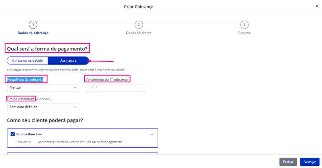A imagem mostra como escolher a forma de pagamento por assinatura no aplicativo do Asaas