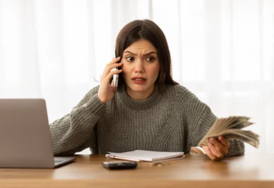 Mulher preocupada ao telefone, segurando dinheiro e sentada à mesa com notebook e caderno, representando o processo de chargeback.