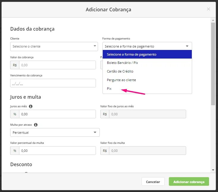Passo a passo para a cobrança via Pix no Asaas.