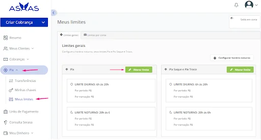 Tela de alteração do limite do pix no asaas.