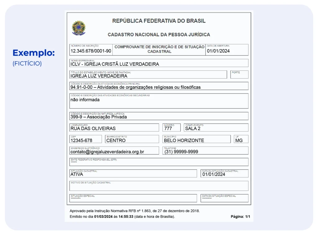 Exemplo fictício de um CNPJ de igreja