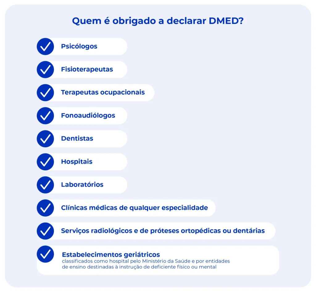 Lista de profissionais e estabelecimentos de saúde obrigados a fazer a declaração DMED.
