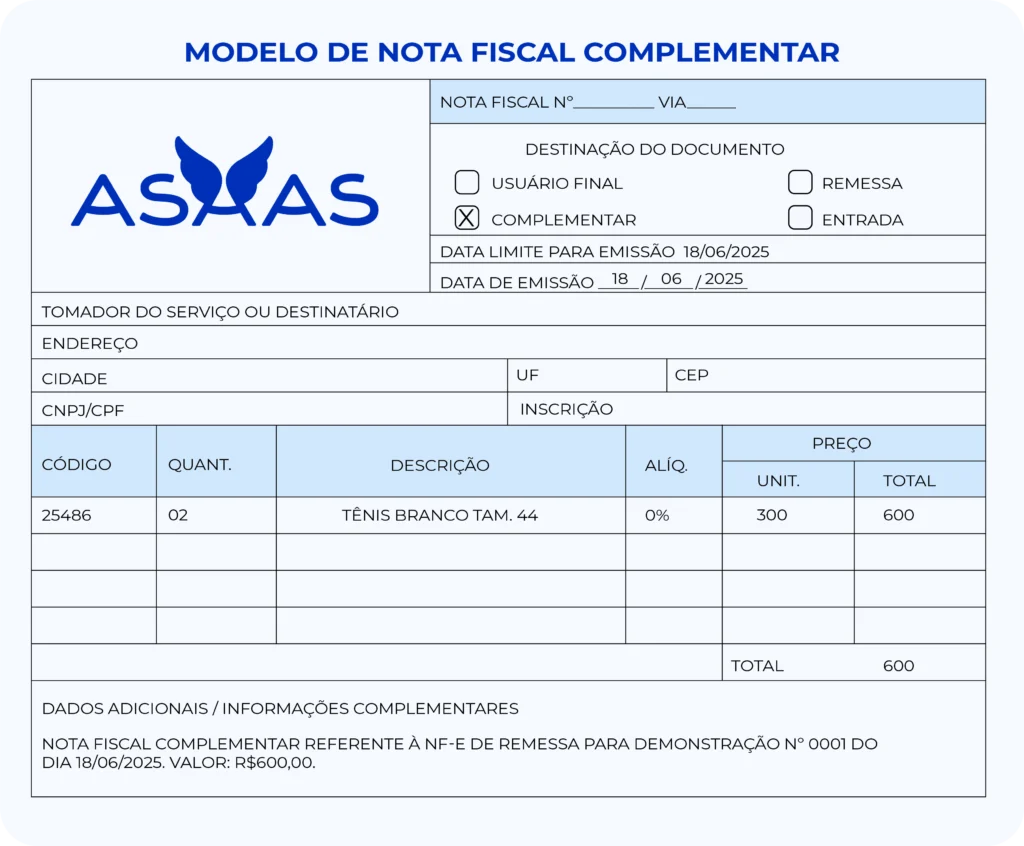 Nota fiscal complementar.