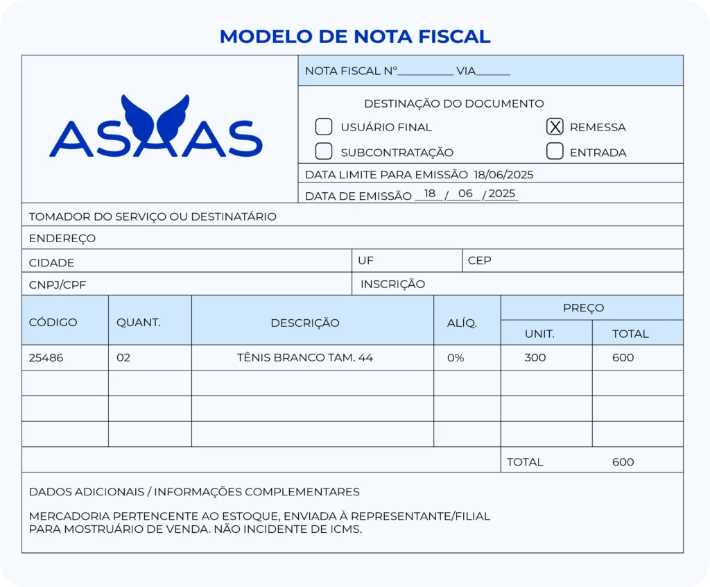 Nota fiscal de remessa.