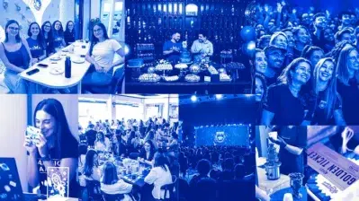 Colagem de momentos que representam a cultura do Asaas, com colaboradores reunidos em eventos e celebrações internas.