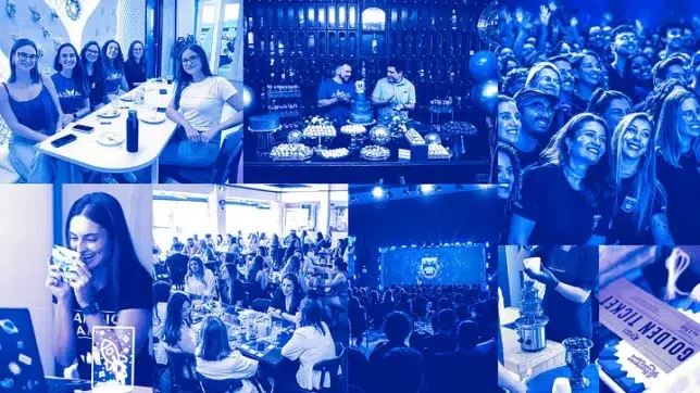 Colagem de momentos que representam a cultura do Asaas, com colaboradores reunidos em eventos e celebrações internas.