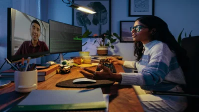 Atendente em frente ao notebook, representando o suporte do contato Asaas em um ambiente de atendimento.