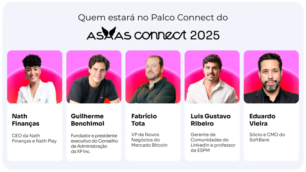 Lista de palestrantes do palco Connect, no evento Asaas Connect.