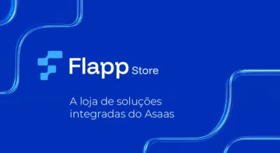 Logo da Flapp Store com o texto “A loja de soluções integradas do Asaas” em fundo azul.