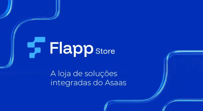 Logo da Flapp Store com o texto “A loja de soluções integradas do Asaas” em fundo azul.