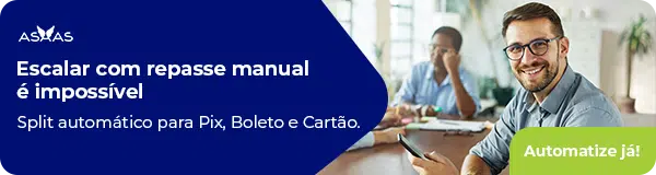 Escalar com repasse manual é impossível. Split automático para Pix, Boleto e Cartão. Automatize já!
