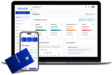 Notebook e celular exibindo a interface do Asaas e a frente deles um cartão do Asaas.