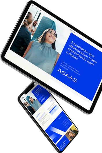 E-book Asaas na tela de um tablet e celular com ilustração de moedas ao lado.